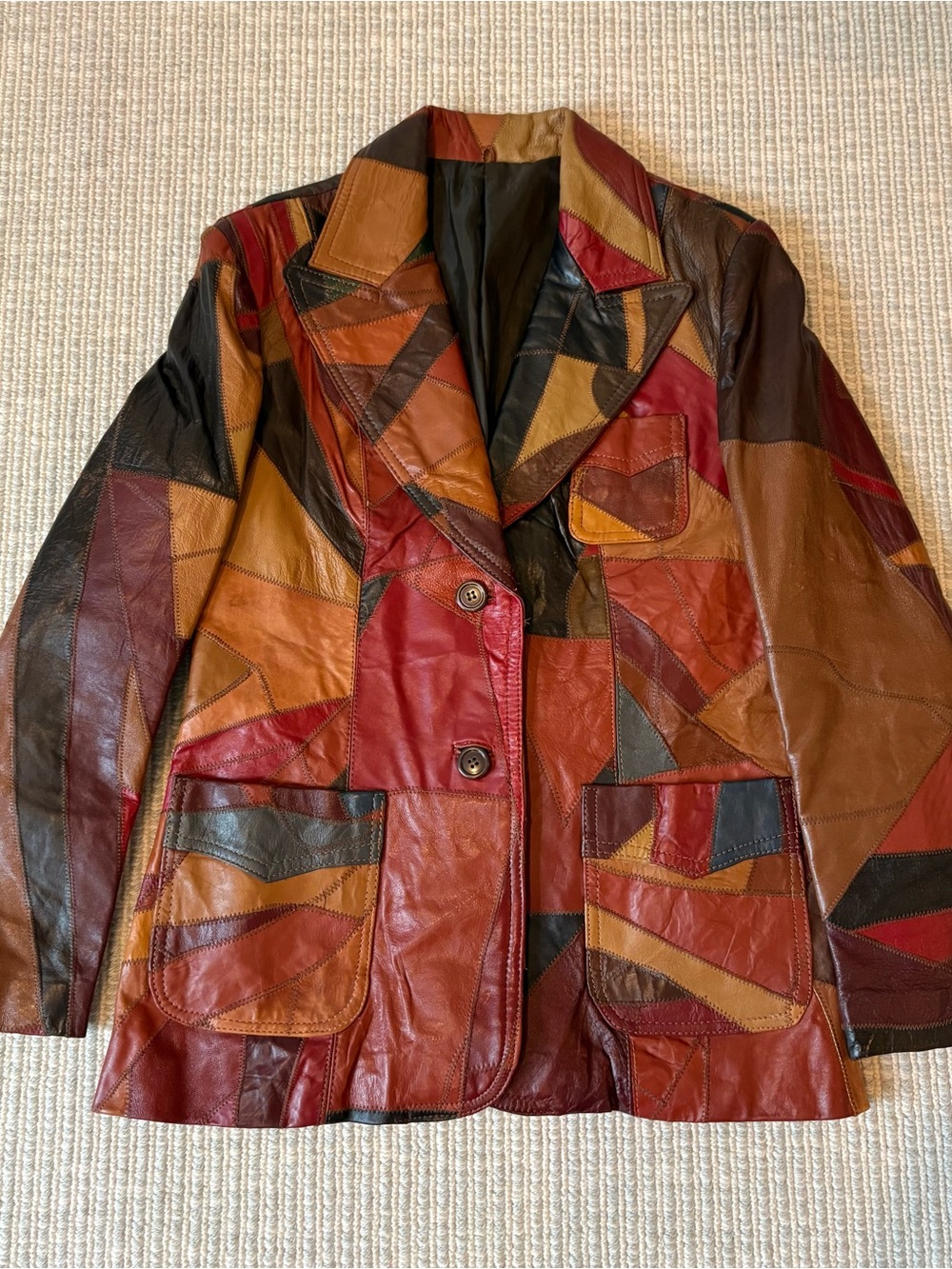 Vintage leather blazer patchwork multicolor fitted jacket, retro 70’s incredible